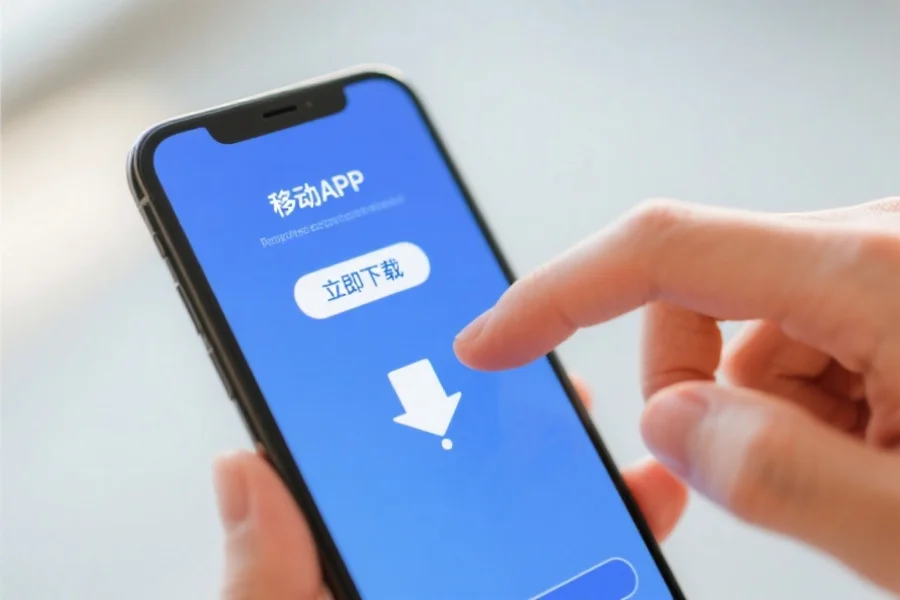 手机屏幕上显示“立即下载”按钮，用户正点击下载移动APP，画面清晰明亮