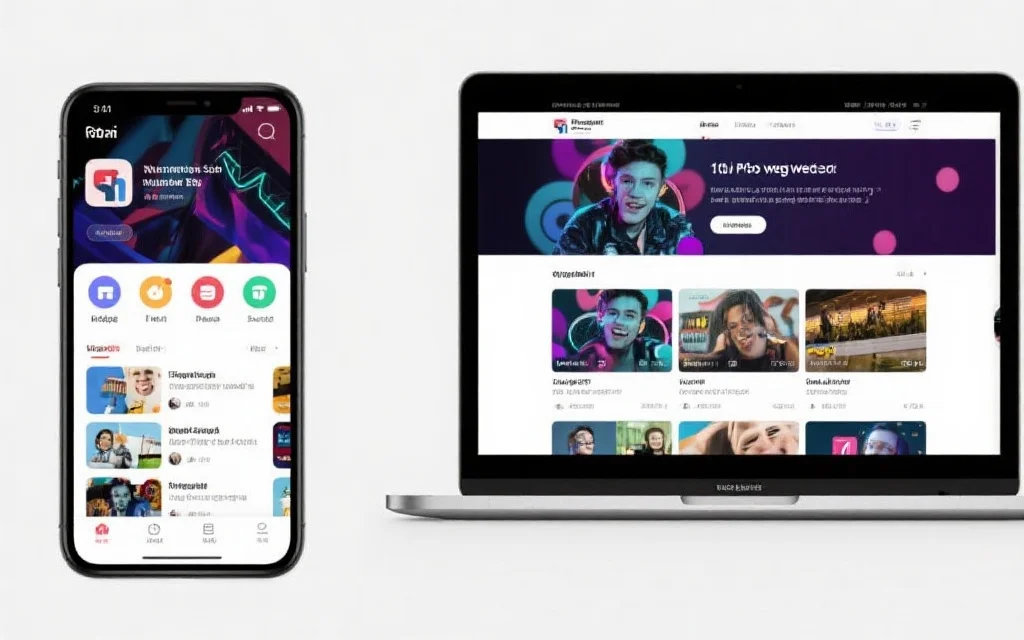 对比一部智能手机上安装的娱乐应用界面和一台笔记本电脑上打开的同一平台网页版，两屏内容相似但布局不同