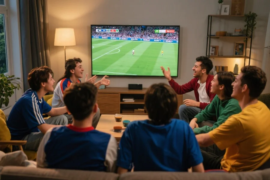 年轻运动迷们围坐在客厅大屏幕前，一边观看比赛一边互动讨论，气氛热烈